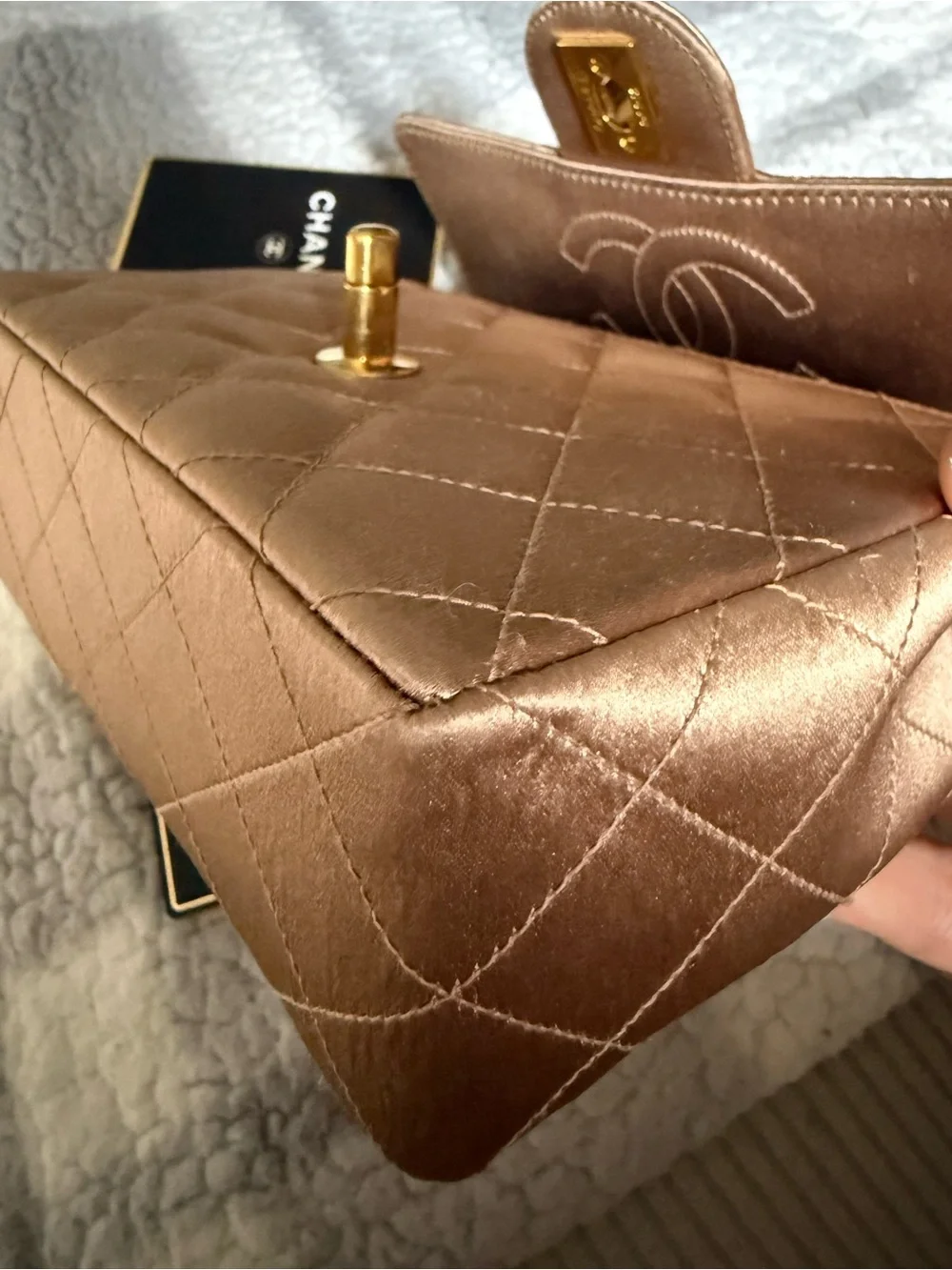 Chanel Quilted Gold Satin Mini Square Classic Single Flap Bag